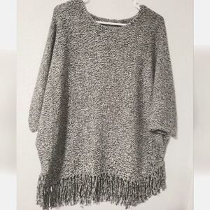 NY Collection Womens Grey-Black Boho Knit Fringe Dolmen Short Sleeve Sweater L